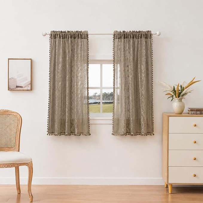 WAZZIO Boho Lace Curtains 2 Panels 63 Inch -Victorian Sheer Panel Drape French Country Floral Pattern & Tassel Light Filtering Privacy for Bedroom Dining Living Room,Coastal Decor,Taupe,W52x L63