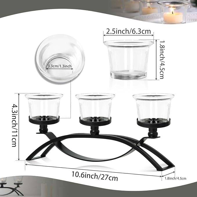 3-Arm Metal Tea Light Candle Holder Set with 5 Glass Cups, Votive Candle Holders Centerpiece Candelabra for Wedding Table Decor, Home Gatherings and Holidays (Black, 3 Cups-2 Pcs)