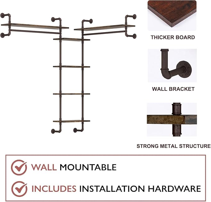 Helsin 5-Tiers 74inch Large Rustic Industrial Pipe Floating Shelving, Wall Mounted Heavy Duty Clothes Rack with Double Hanging Rods Display Storage Rack for Bedroom Organization & Home Décor