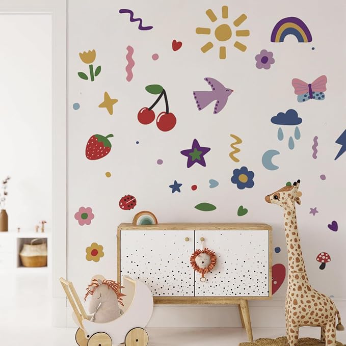 56pcs Colorful Rainbow Flowers Fabric Wall Stickers DIY Kids Fun Doodle Decals Removable Nursery for Kids Rooms Living Room Decor Opaque High Coverage Wall Art