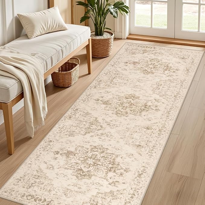 2'6''x8' Hallway Washable Runner Rug: Vintage Boho Neutral Kitchen Rug Soft Small Area Rug Indoor Floor Non-Slip Low Pile Carpet for Farmhouse Entryway Laundry Bathroom Bedroom Beside Rugs Beige/Ivory