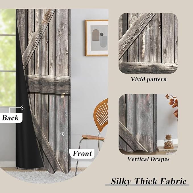 Rustic Barn Door Window Curtains Farmhouse Grey Wooden Door Garage Door Blackout Window Treatment for Living Room Bedroom Rural Farm Style Room Darkening Window Drapes,53x72 inch,2 Panels