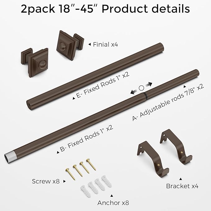 2 Pack Bronze Curtain Rod for Windows 18-45 Inches, 1 Inch Heavy Duty Adjustable Drapery Pole, Modern Window Treatment Rod with Decorative Square Finials, Easy Installation