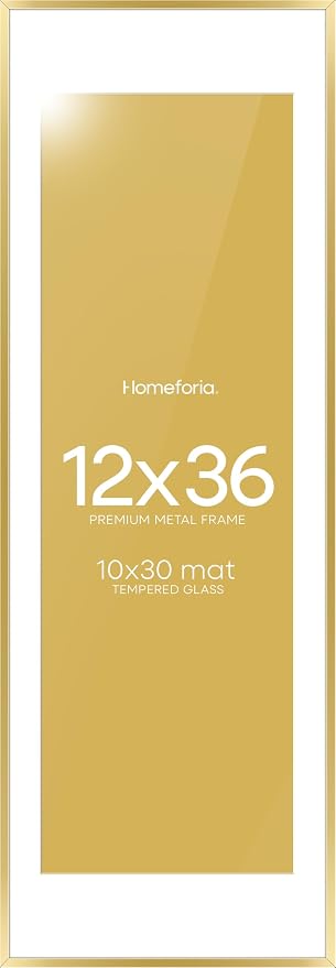 Homeforia 12x36 Picture Frame Gold, High End Metal 12x36 Poster Frames with Mat 10x30 inch Photo, 12 x 36 Gold Frames Matted to 10 by 30 Art, 36x12 Panoramic Frames, Tempered Glass, Wall Kit, Set of 2