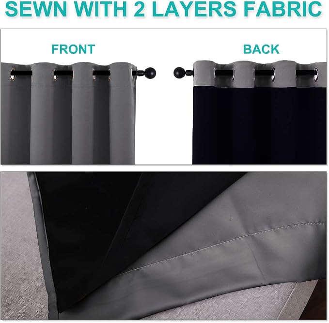NICETOWN 100% Blackout Curtains with Black Liners, Solid Thermal Insulated Full Blackout 2-Layer Lined Drapes, Energy Efficiency Window Draperies for Bedroom (2 Panels, 46" W by 54" L, Grey)