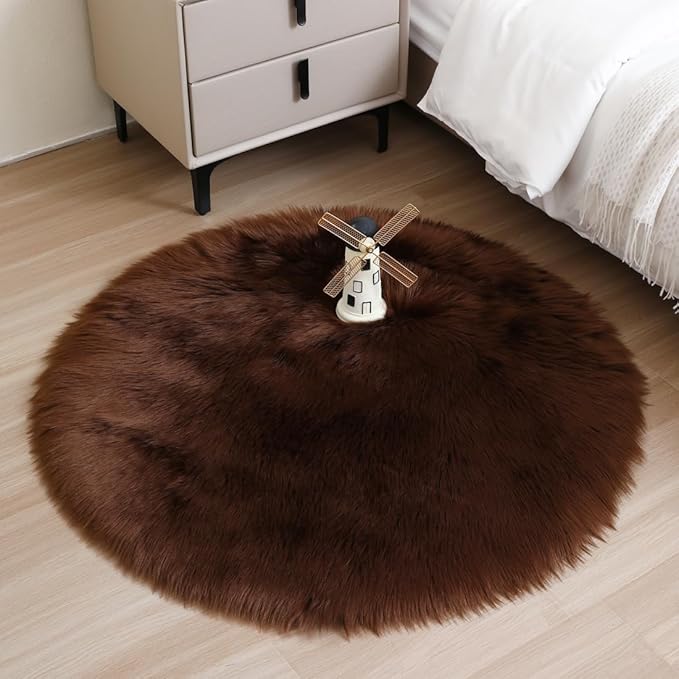 Faux Fur Rug 3 x 3 ft Round Coffee Shaggy Sheepskin Rug Soft Fluffy Plush Carpet Fuzzy for Bedroom Living Room Floor Nursery Kids Room Bedside Rugs