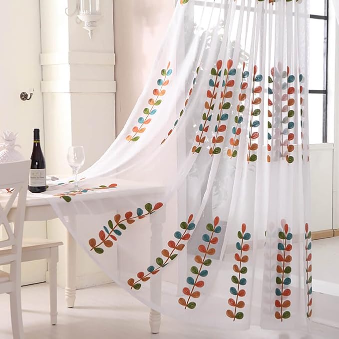 VOGOL Sheer Curtains 84 Inches Long, Colorful Leaves Embroidered White Sheer Window Curtain for Living Room/Dining Room, Rod Pocket, 52 x 84, 2 Panels