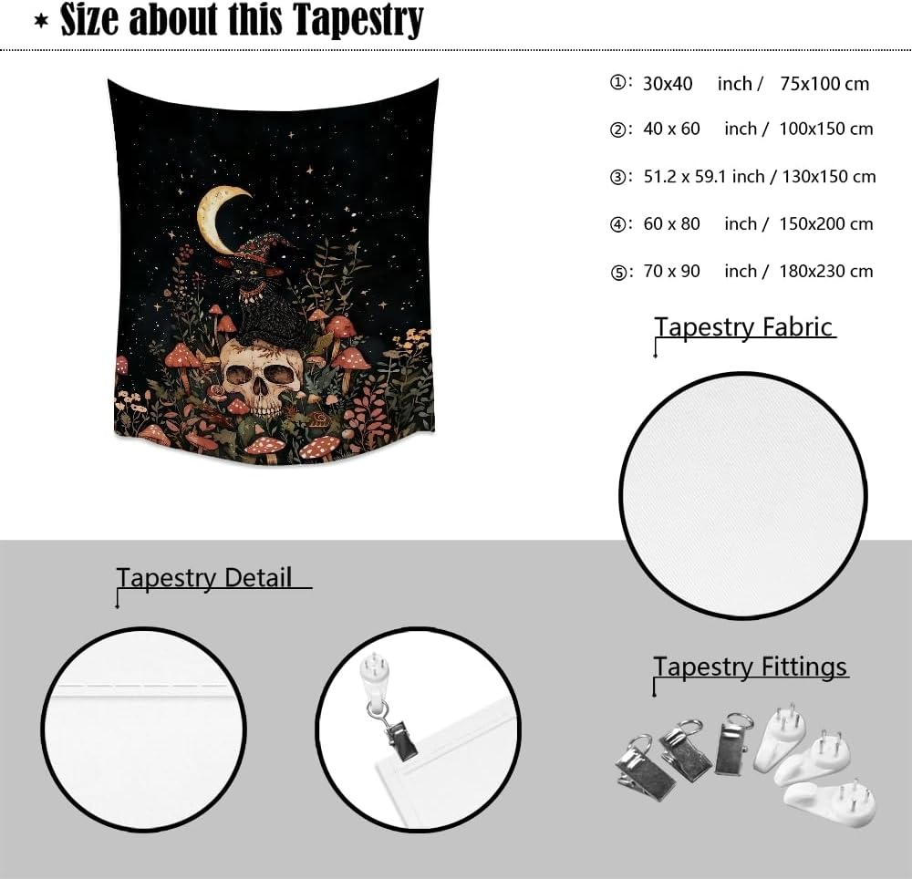 Halloween Witch Cat Tapestry Gothic Skull and Mushroom Artwork Print Spooky Halloween Witchy Wall Hanging Decor Black Cat Crescent Moon art Tapestries for Living Room Bedroom Decoration 70x90inch