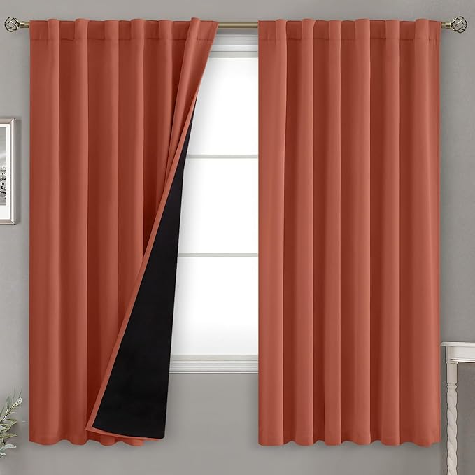 BGment 100% Blackout Curtains 63 Inch Length with Liner, Room Darkening Thermal Insulated Double Layer Noise Cancelling Rod Pocket and Back Tab Curtains for Bedroom, 52 x 63 Inch, 2 Panels, Terracotta