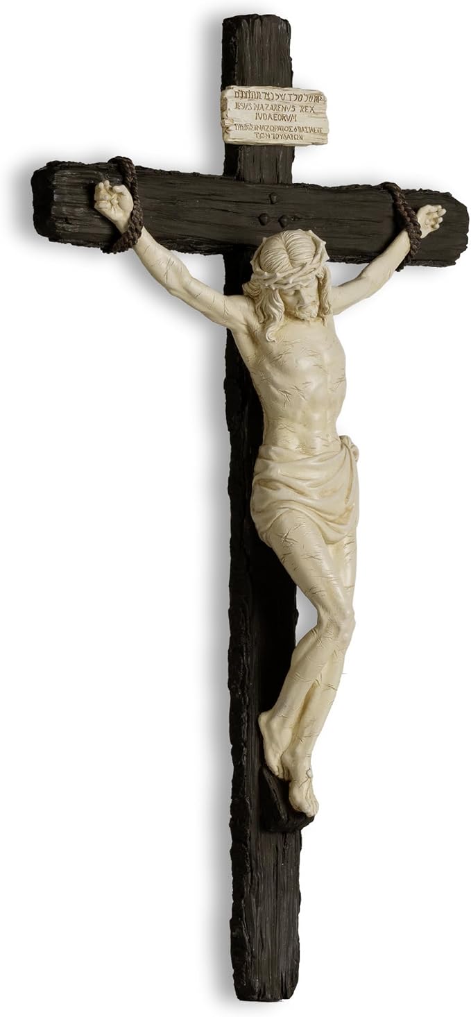 DevotedWalls 20.75" H Catholic Realistic Style Crucifix for Wall, Renaissance Large realistic Jesus Chirst Cross for Church, Chapels and Home (Black and White Color)