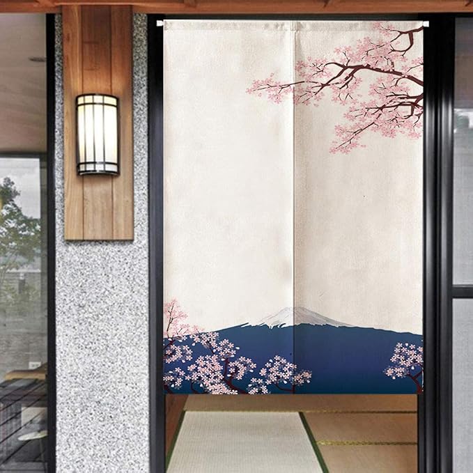 Ofat Home Mount Fuji & Cherry Blossom Noren, 33.5" x 59" | Japanese-style sakura and Mount Fuji doorway curtain, lightweight fabric for hallway, apartment or bedroom decor