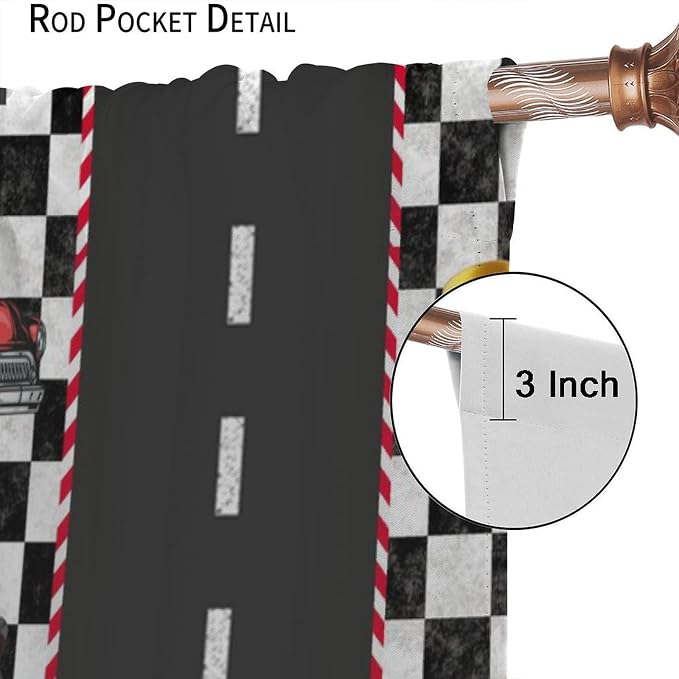 Race Car Curtain,Checkered Flag Black and White Race Cars Window Treatment Curtains Cloth Farbic for Kitchen Bedroom Cafe Dining Room Office Living Room Drapes, 42x45 in