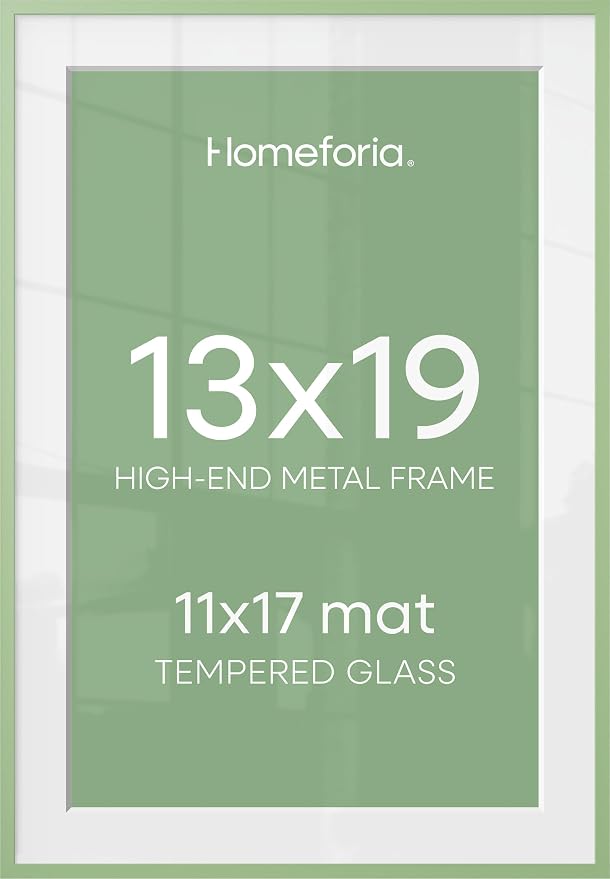 Homeforia 13x19 Picture Frame Sage Green, High End Metal 13x19 Poster Frames with Mat 11x17 inch Photo, 13 x 19 Sage Green Frame Matted to 11 by 17 Art, 19x13 Frame, Tempered Glass, Wall Kit, Set of 2