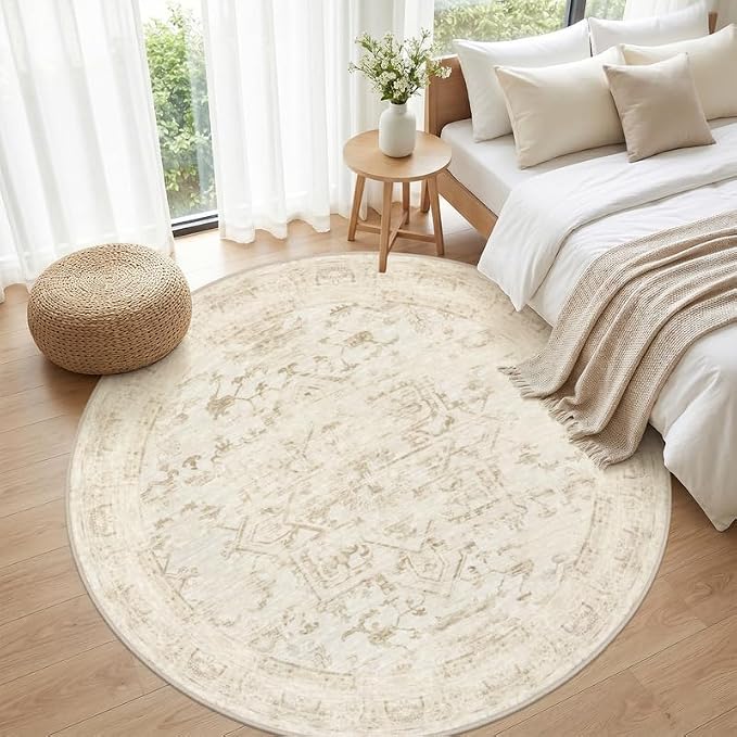 Round Area Rug for Living Room: 8ft Vintage Boho Neutral Washable Circle Rug Soft Large Circular Carpet for Bedroom Nursery Farmhouse Dining Room Office Floor Non-Slip Low Pile Under Table Beige/Brown