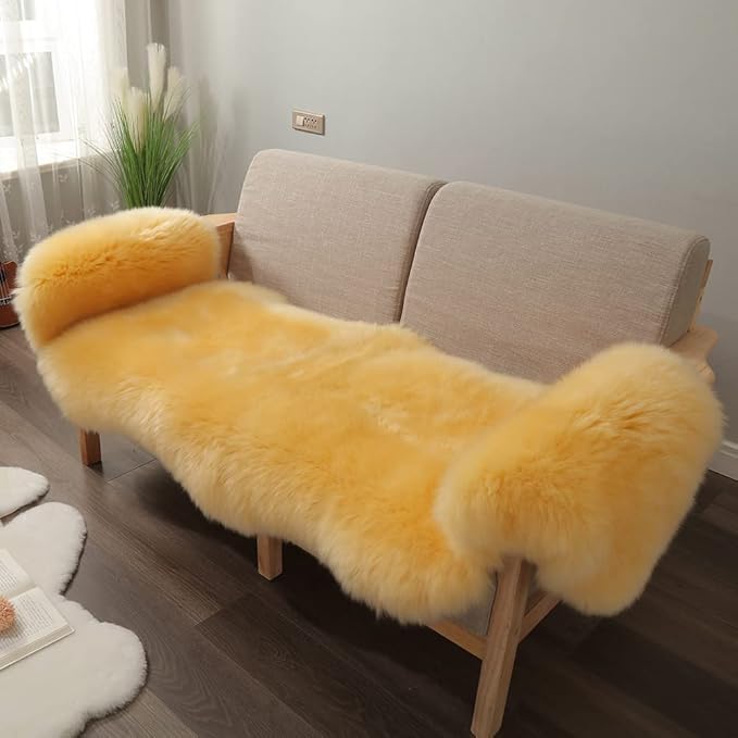 LLB Genuine Sheepskin Area Rug Wool Rug Fur Carpet Fluffy Shaggy Fur Rug for Living Room Kids Bedroom Real Sheepskin Throw Lambskin Rugs Sofa Mat Chair Seat Covers (Yellow, 2 x 6 ft Sheepskin)