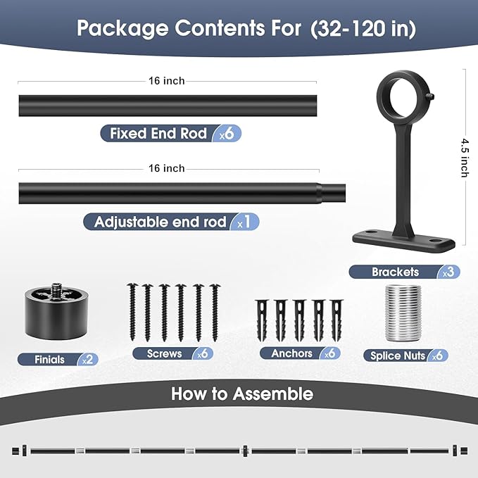 Curtain Rods for Windows, 1 Inch Black Curtain Rod Set, Heavy Duty Drapery Rods with Adjustable Curtain Rods, Outdoor Modern Curtain Rod with Simple End Caps (Black, 30"-120" 2 Pack)