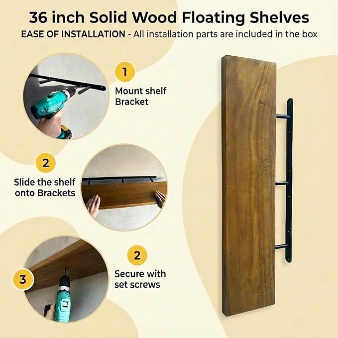 ROGMARS 36 Inches Long Walnut Floating Shelves | Rustic Solid Wood Farmhouse Wall Shelves with Invisible Brackets for Bathroom, Living Room, Bedroom, Kitchen Set of 5