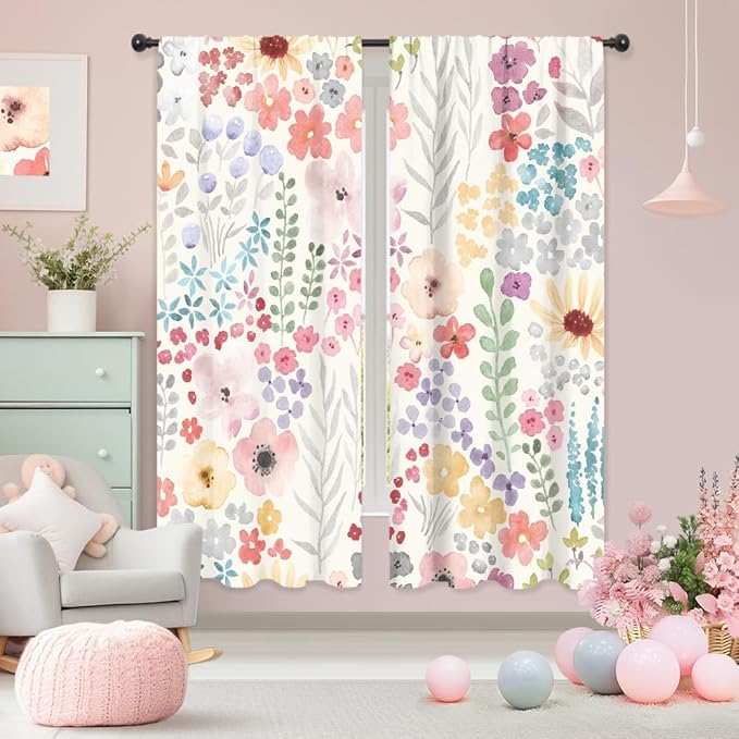 Riyidecor Colorful Floral Curtains Boho Pink Wildflower Flower Cute Trendy Plant Leaves Botanical Rod Pocket Pretty Aesthetic for Girls Bedroom Living Room Treatment Fabric 2 Panels 29Wx63H Inch