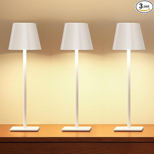 UME 3 Pack Cordless Table Lamp, Battery Operated Lamp - Portable Waterproof Rechargeable Table Lamp 3 Color Temps & Stepless Dimming for Dinner, Desk, Cafe, Outdoor (White)