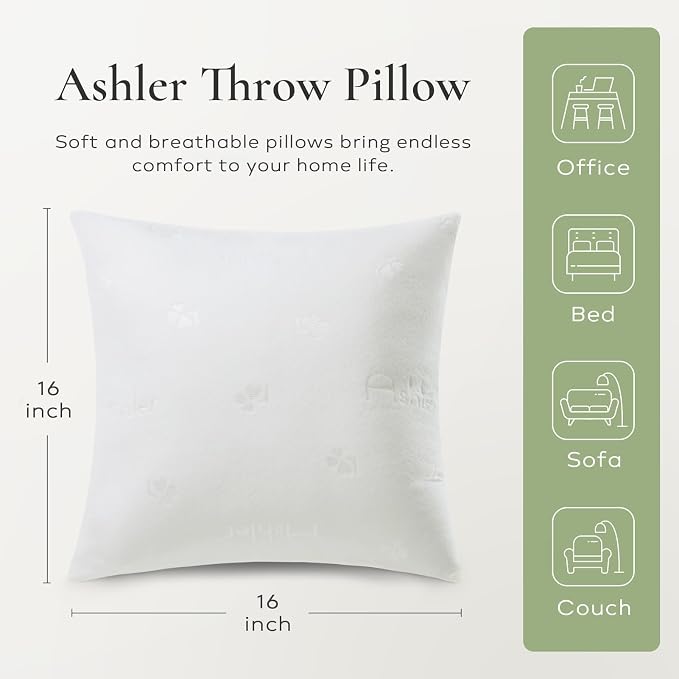 Ashler Throw Pillows Insert- 16x16 Pillow Inserts with Air Layer, Premium Bed and Couch Pillows - Indoor Decorative Throw Pillow, Square Cushion Sham Stuffer, Pack of 4, White