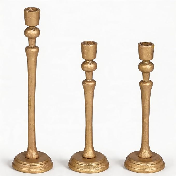 Antique Iron Taper Candle Holder Set of 3, Decorative Candle Stand | Heavy Cast Iron Candle Holder for Table Centerpiece, Candlestick Holder for Wedding, Dinning, Party, Antique Brass Finish
