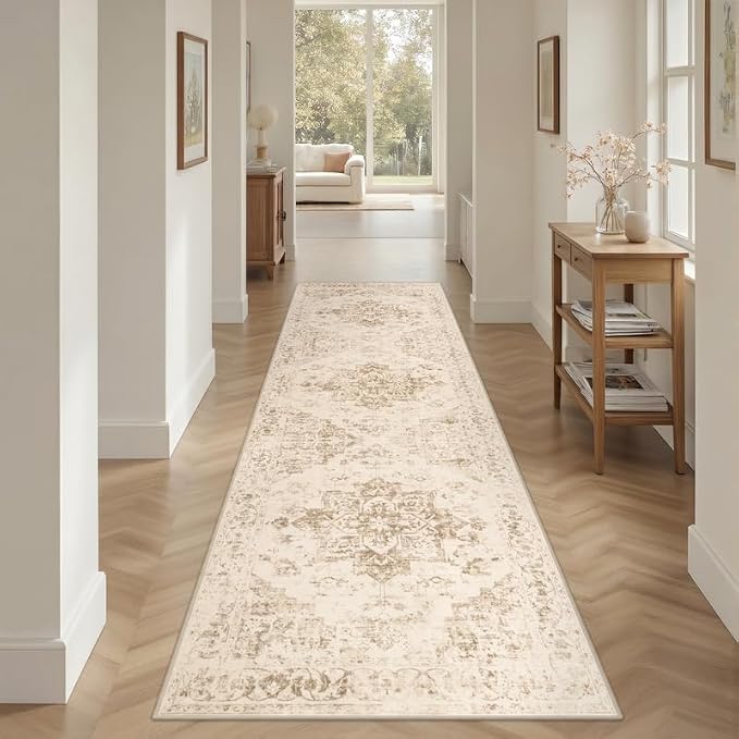 2'6''x8' Hallway Washable Runner Rug: Vintage Boho Neutral Kitchen Rug Soft Small Area Rug Indoor Floor Non-Slip Low Pile Carpet for Farmhouse Entryway Laundry Bathroom Bedroom Beside Rugs Beige/Ivory