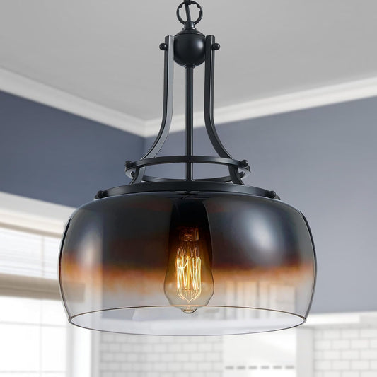 WUZUPS Chandelier Rustic Farmhouse Industrial Round Ceiling Pendant LED Light Fixture with Amber Gradient Black Glass Shades for Dining Room Kitchen Island Foyer Entryway, H 17" x W 13.4", E26 Base