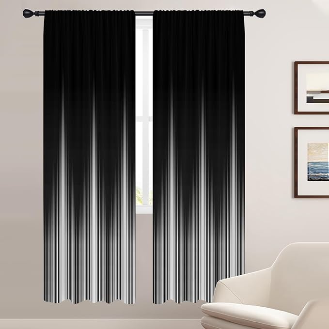 Coxila Black White Window Curtains for Bedroom 42 x 84 Inch Rod Pocket Long Ombre Silver Goth Stripe Boho Pattern Gradient Simple Design Living Room Treatment Set of 2 Curtain Panels Drapes Drapes