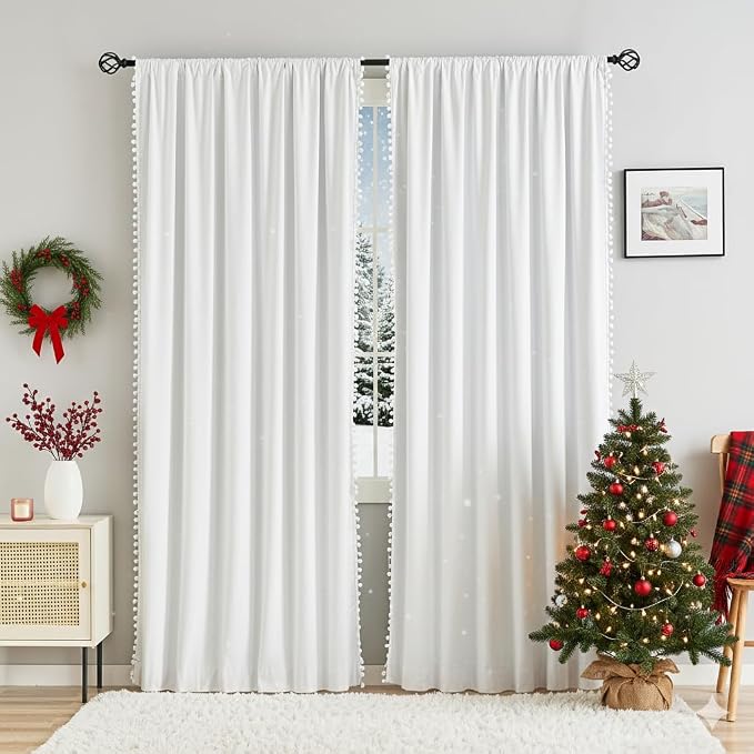 Treatmentex White Blackout Curtains for Living Room 95 inch Energy Saving Window Curtains Pom Pom Thermal Curtains Triple Weave Nursery Girl's Room Curtains 52" W Rod Pocket 1 Pair