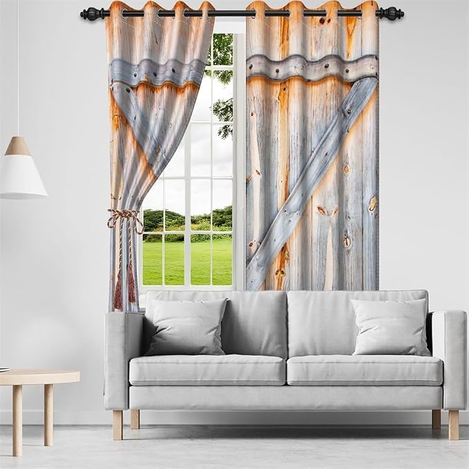 Closed Wooden Door Window Curtains Rustic Vintage Barn Door Kitchen Curtains Countryside Farmhouse Old Wood Planks Light Blocking Bedroom Drapery Treatments with Grommets,26x84 inch,2 Panels