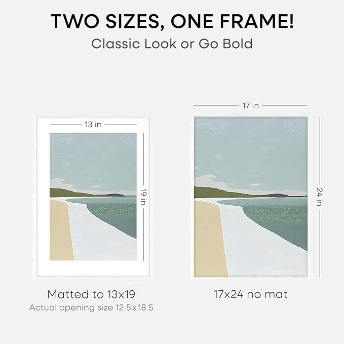 Homeforia 17x24 White Picture Frame, High End Oak 17x24 White Wooden Poster Frames with Mat 13x19 for Print, 17 x 24 Wood Frame Matted to 13 x 19 Photo, 24x17 Frame, Tempered Glass, Wall Kit, Set of 2