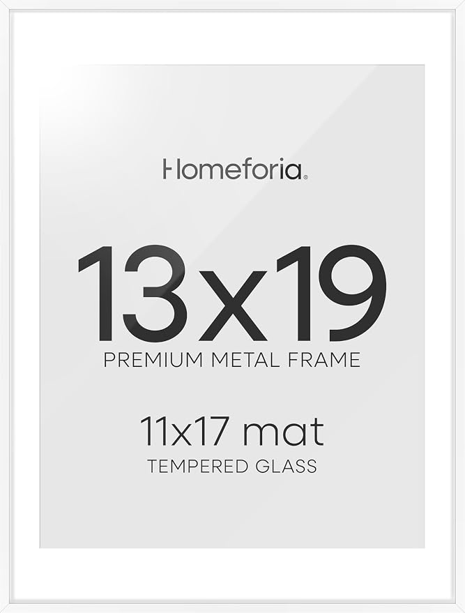 Homeforia 13x19 Picture Frame White, High End Metal 13 x 19 Poster Frames with Mat 11 x 17 for Photo, 13x19 White Frame Matted to 11x17 inch Print, 19x13 Thin Frame, Tempered Glass, Wall Kit, Set of 2