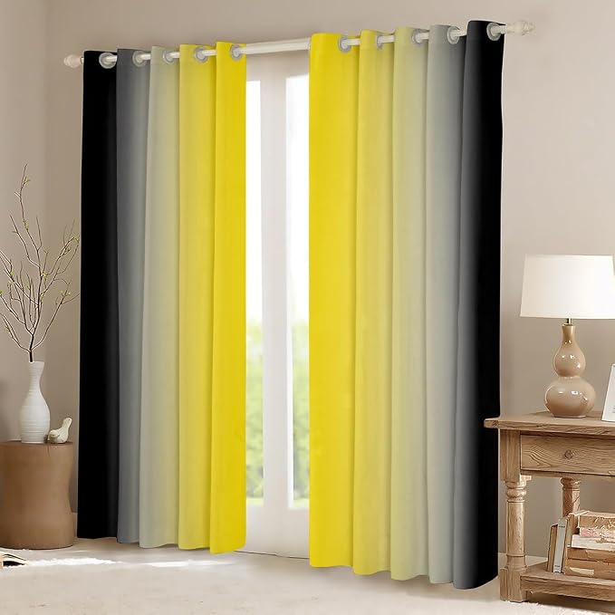 jejeloiu Yellow Darkening Drapes (2 Panels, 42 x 63 Inch) Ombre Black Curtains for Bedroom Living Room for Kids Decor Gradient Style Blackout Curtains Abstract Window Treatments