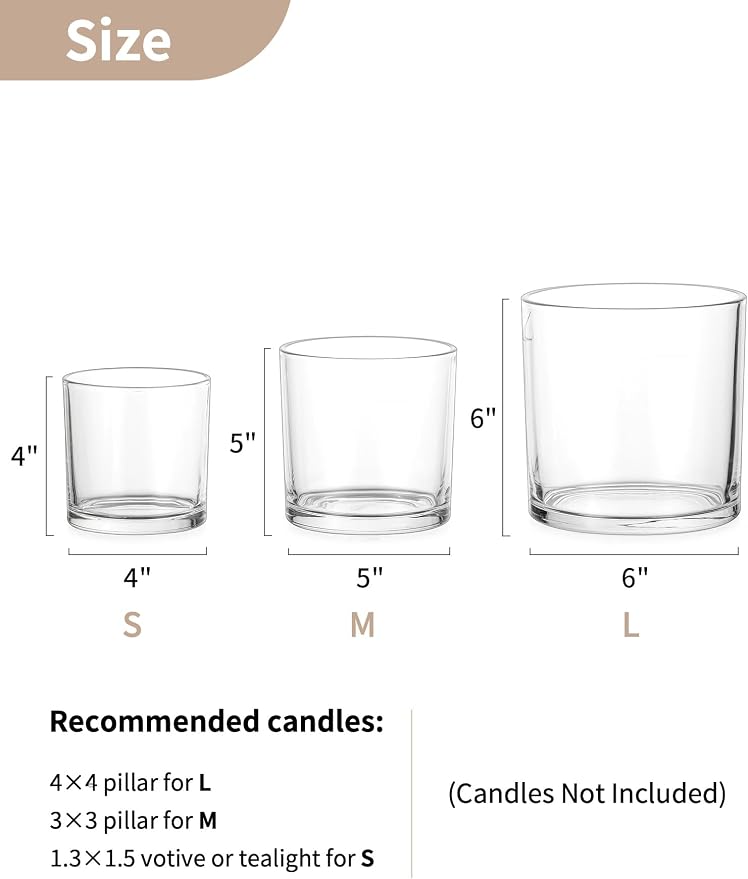 NUPTIO Thick Glass Hurricane Pillar Candle Holders, Set of 3 | Heavy Clear Walls, Wide Low-Profile Cylinders for Easy Use, 3 Graduated Sizes, for Dining Table Centerpiece or Flower Display