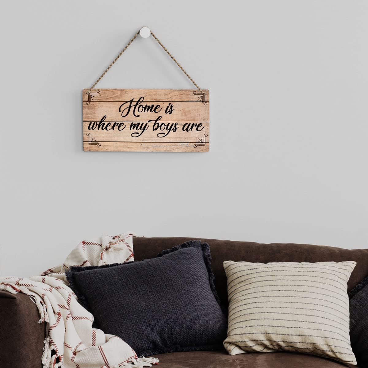 SENJIAN Rustic Family Quote Wood Decor Sign, Home is Where My Boys are Printed Wood Sign Wall Art, Hanging Door Sign, Decorative Wood Sign Home Decor 6" x 12"