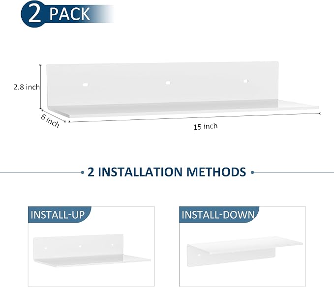 Sezanrpt 15 Inches Acrylic Wall Shelves 2 Pack, Floating Shelf for Wall Mounting, Acrylic Display Ledges for Funko Pop Figures, Home Décor, Living Room, Gaming Room, Plants(15 inch, White)
