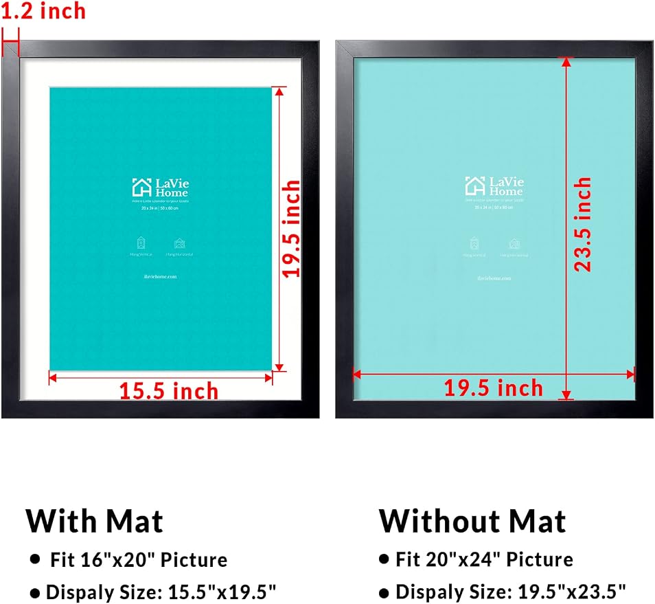 LaVie Home 20x24 Picture Frame Black Poster Frame,Display Pictures 16x20 with Mat or 20x24 Without Mat, Stable and Sturdy Frame and Polished Plexiglass, Horizontal and Vertical Format of The Walls