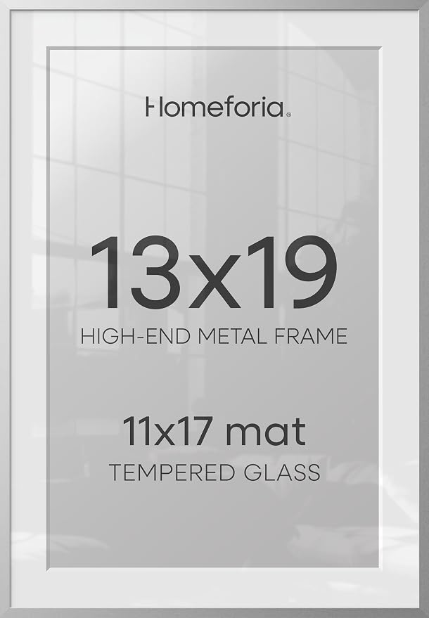 Homeforia 13 x 19 Frame Silver, High End Metal 13 x 19 Picture Frames with Mat 11 by 17 Photo, 13x19 Silver Poster Frame Matted to 11x17 Print, 19x13 Hanging Frames, Tempered Glass, Wall Kit, Set of 3