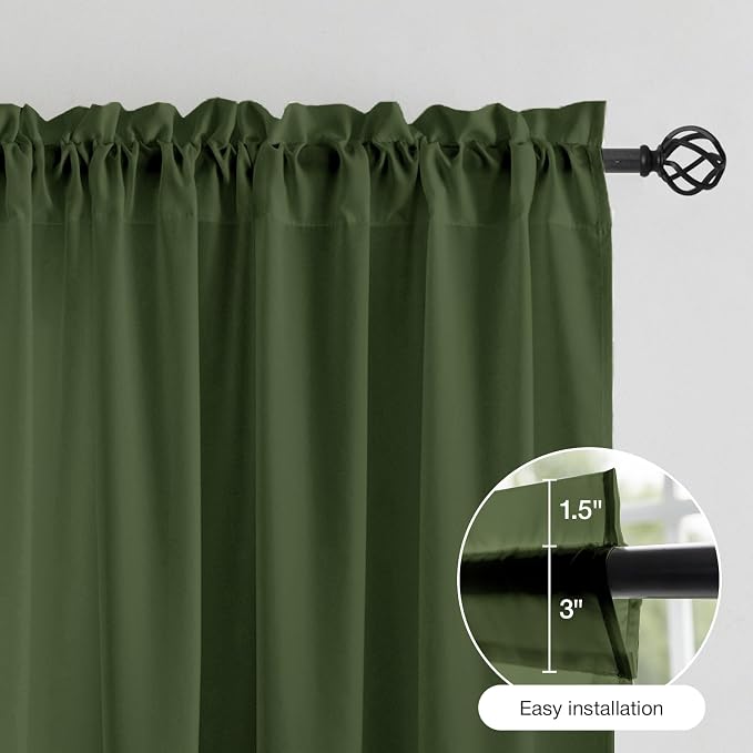 Anmao Non-See-Through Olive Green Privacy Semi Sheer Curtains for Living Room 63 Inch Length 2 Panels Set, Light Filtering That Let Light in Rod Pocket Window Drapes for Bedroom, 52W x 63L, Dark Green