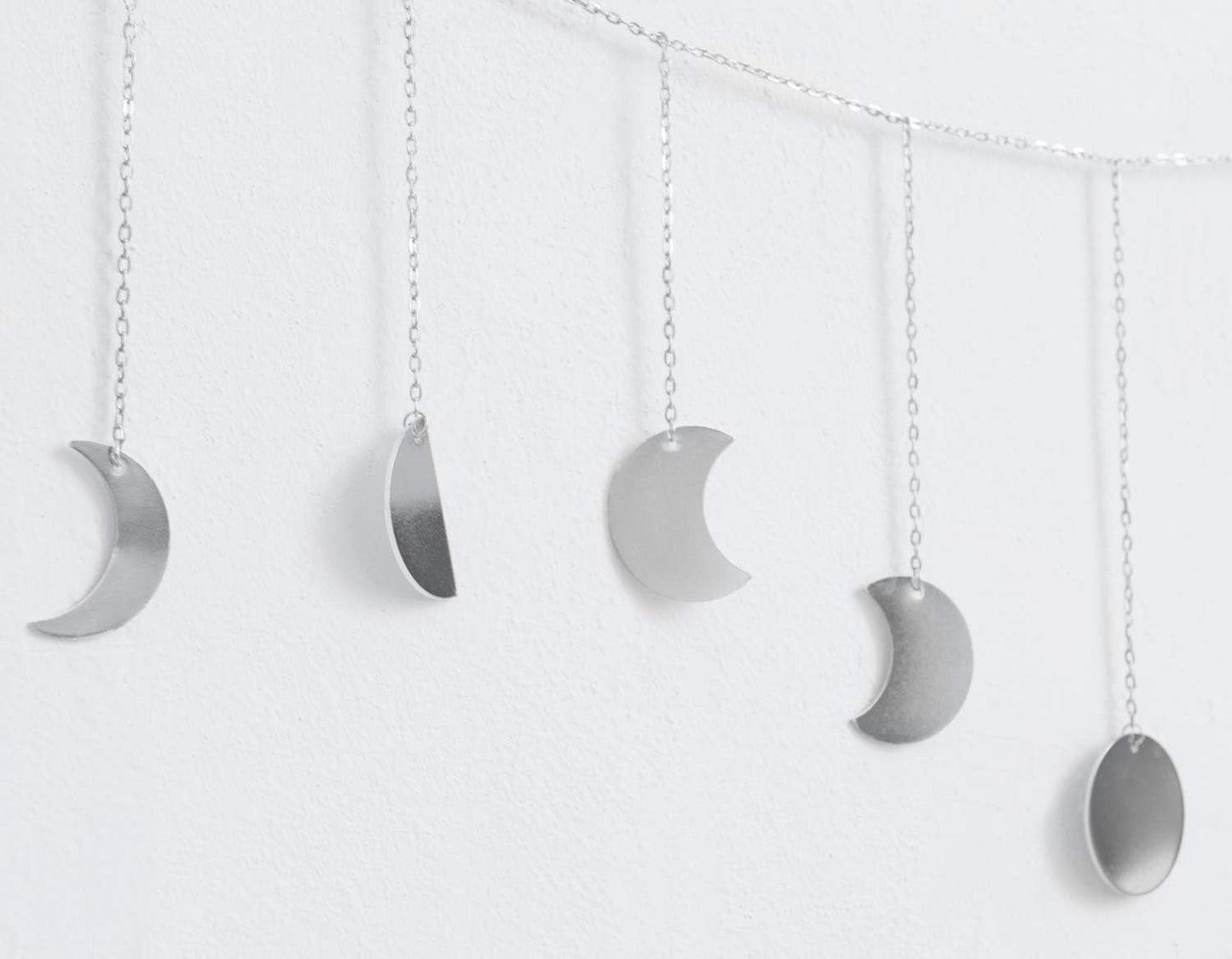 Mkono Moon Phase Wall Hanging Boho Aesthetic Room Decor Metal Moons Garland Hanging Art Bohemian Home Decoration for Girls Room Nursery Bedroom Livingroom Dorm, Ideal, Silver, 55"
