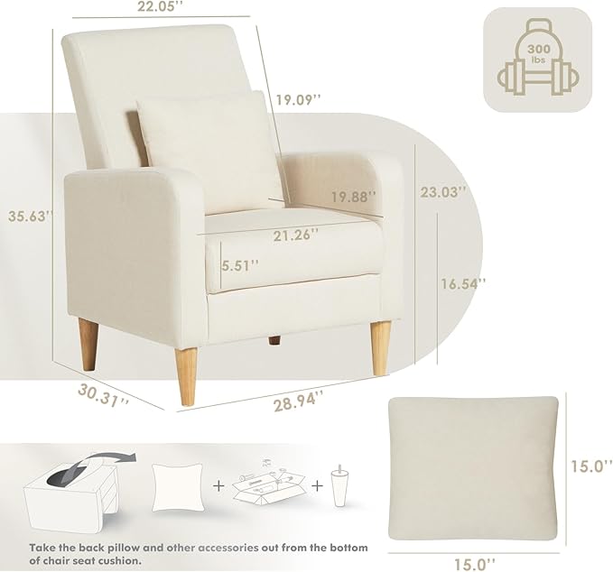 COLAMY Mid-Century Modern Accent Chairs Set of 2, Fabric Upholstered Living Room Chairs with Back Pillow & Solid Wood Legs, Comfy Armchair for Living Room, Bedroom, Beige