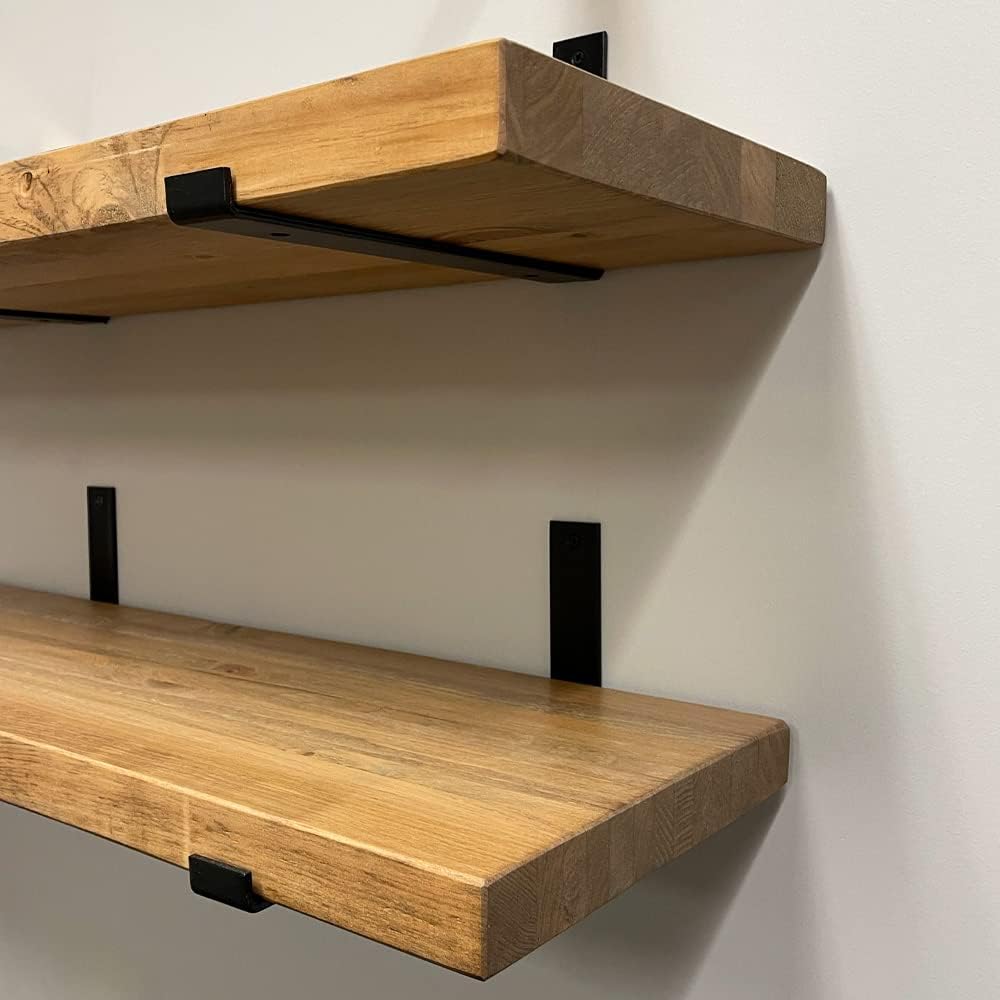 Rustic Shelves with J-Brackets Set of 2, Industrial Shelf, Kitchen Shelves, Solid Wood, Decorative Wall Storage, Heavy Duty, URBANDI (Brown, 12Wx12D)