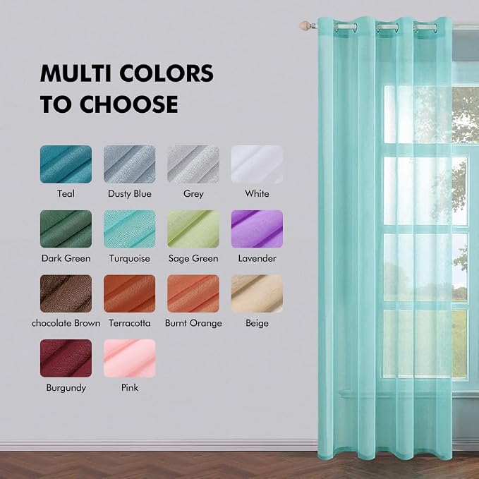 MIULEE 2 Turquoise Semi Sheer Window Curtains Elegant Grommet Top Voile Panels/Drapes/Treatment Aqua Blue Linen Textured for Bedroom Living Room (54X96 Inches)