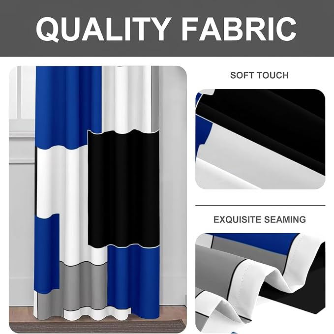 Blue and Black Curtains for Living Room 84 Length Geometry Curtains Modern White Blue Abstract Rod Pocket Curtain for Bedroom Kitchen Room Window Drapes 2 Panels