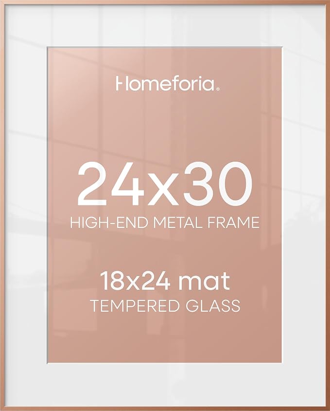 Homeforia 24x30 Frame Rose Gold, High End Metal 24x30 Picture Frames with Mat 18x24 inch Photo, 24 x 30 Rose Gold Poster Frame Matted to 18 by 24, 30x24 Large Frame, Tempered Glass, Wall Kit, Set of 1