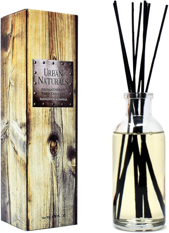 Urban Naturals Reed Diffuser Set, Sandalwood & Vanilla - Bathroom Décor | Tahitian Vanilla intermeshes & Desert Sandalwood Mingle to Create a Southern Bourbon Scent, Great Gift Idea