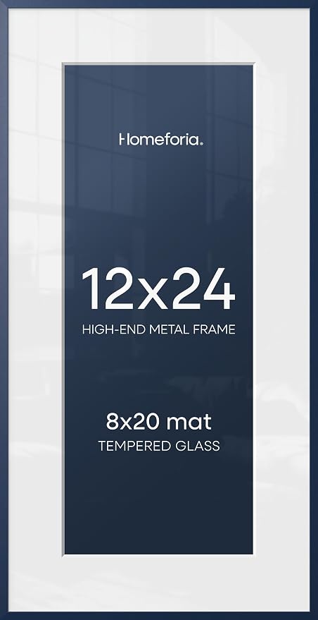 Homeforia 12x24 Navy Blue Picture Frame, High End Metal 12x24 Poster Frames with Mat 8x20 Photo, 12 x 24 Navy Blue Frame Matted to 8 x 20 Art, 24x12 Panoramic Frame, Tempered Glass, Wall Kit, Set of 2