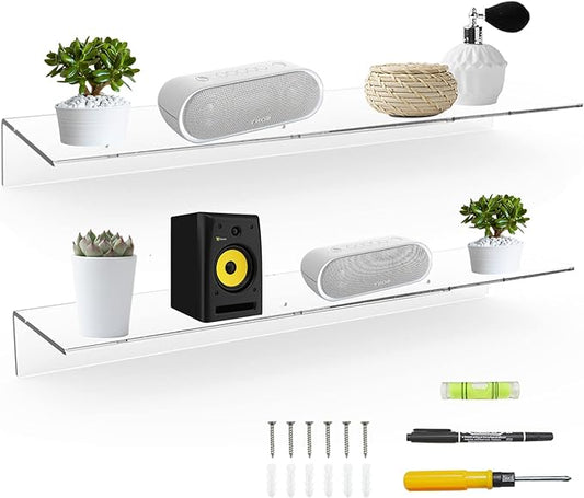 Sezanrpt 24 Inches Clear Floating Shelves for Wall, Acrylic Long Wall Shelf, Wall Mounted Shelves for Plants, Speaker, Radio, Funko Pop, Stuffed Animal, Books, Cosmetics, Toiletries, 2 Pack (24 Inch)