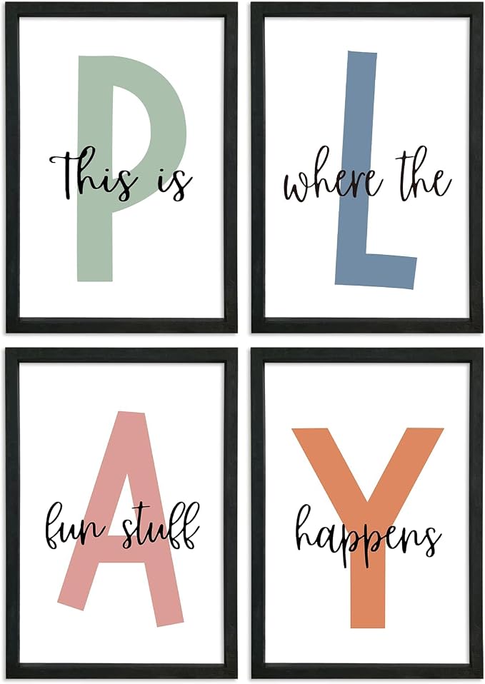 This Is Where Fun Stuff Happens Kids Playroom Wall Decor PLAY Quote Art | Motivational Prints for Nursery, Black Wood Frame, Set of 4, 11x16 Inches , Let's Play Sign for Toddler Boys, Ready to Hang