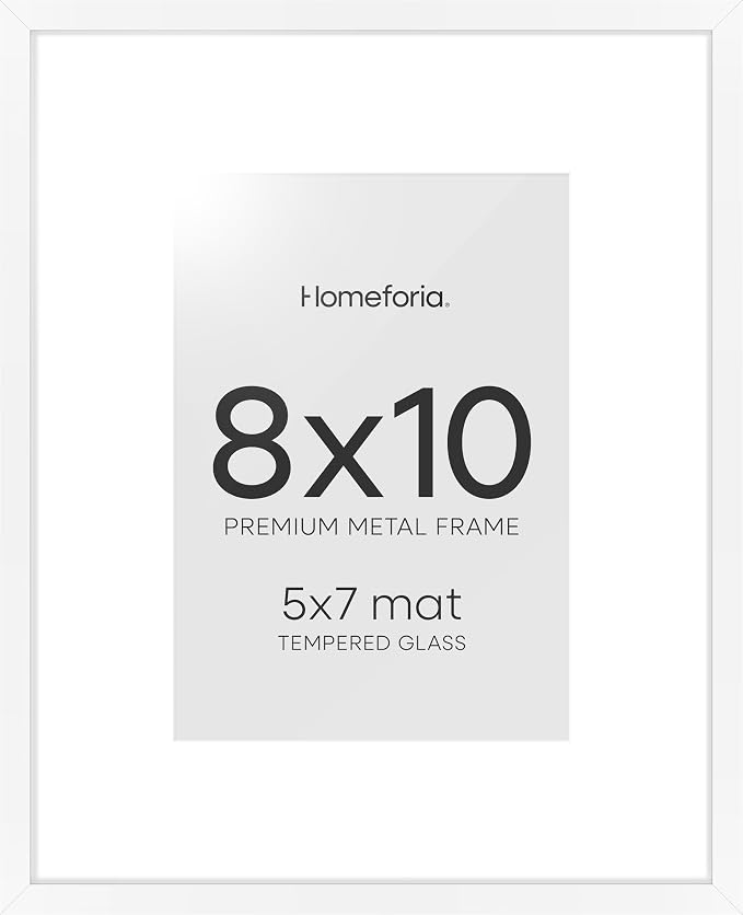 Homeforia White Picture Frames 8x10, High End Metal 8 x 10 Photo Frame with Mat 5 by 7 Art, 10x8 White Frame Matted to 5x7 inch Print, 8by10 Wall or Tabletop Frames, Tempered Glass, Wall Kit, Set of 2